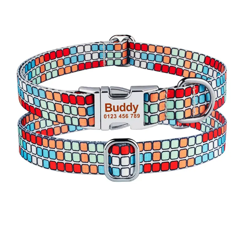 Juice Pet New Printed Pet Engraved Heat Transfer Checkered geometric pattern Polyester Zinc Alloy Buckle Dog Cat Collar