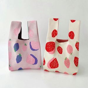 New Designer Waterproof Polyester Knitted Tote Bag Mini Wrist <b>Purse</b> <b>Cute</b> Strawberry Girls Handbag with Zipper Closure - Product Image 3