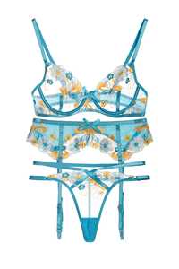 Ensemble de lingerie féminine sexy et élégante, broderie de fleurs bleues, 3 pièces, dentelle fine, soutien-gorge léger, jarretière - Product Image 4