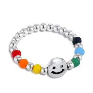 Dylam Instagram-style Colorful Crystal Beads Assemble Sterling Silver Bead Rings Rubber Rope Chain Adjustable Smile Face Rings
