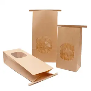 Square Block Flat Bottom Gusset Coffee Bean Tin Tie dessert Kraft Paper Bag with Window