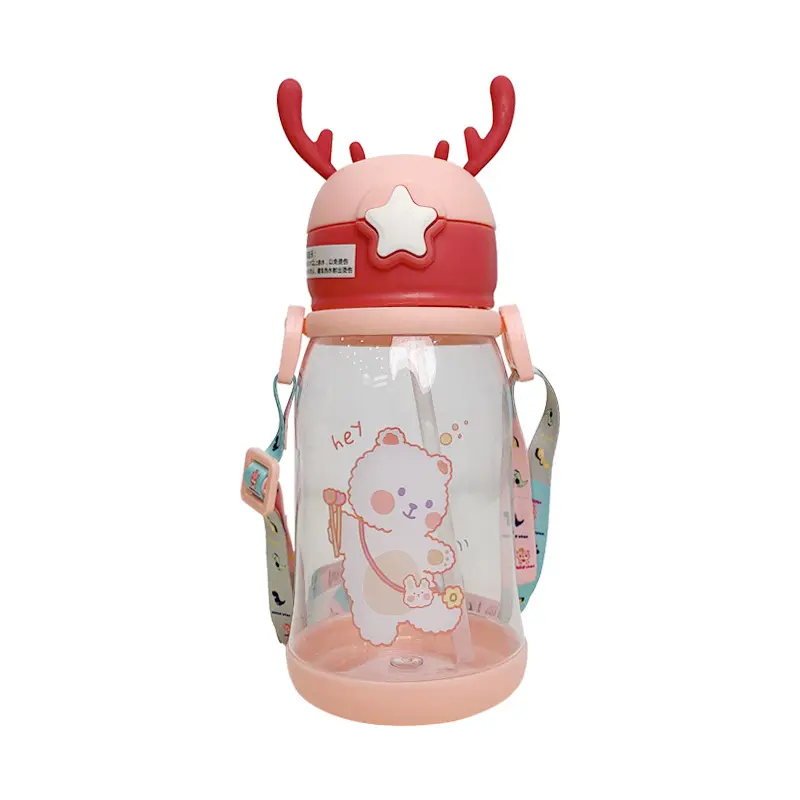 Madou Nieuwe Ontwerp Herten Hoorn Vormige Deksel Plastic Waterfles Met Stro Brounce Cover Kawaii Doos Water Fles