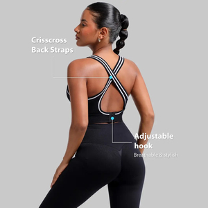 <span class=keywords><strong>Sujetador</strong></span> <span class=keywords><strong>deportivo</strong></span> de Yoga para gimnasio con contraste de rayas y espalda abierta entrecruzada con correa ajustable sin costuras para mujer para entrenamiento de alto impacto - Product Image 1