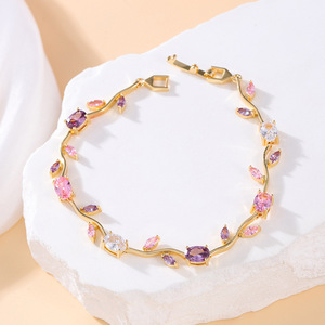 Gold Plated <b>Copper</b> Alloy Tennis <b>Bracelet</b> With Zircon Flower Design For Women Party Jewelry - Product Image 2