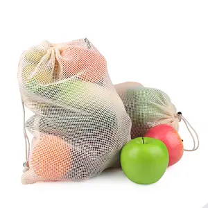 गर्म बेचने के फल सब्जी उत्पादन पुन: प्रयोज्य जाल बैग 100% कपास जाल drawstring बैग 20*25CM
