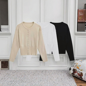 Cardigan côtelé pour femme, col rond, simple boutonnage, pull fin à manches longues, couleur unie, court, automne - Product Image 2