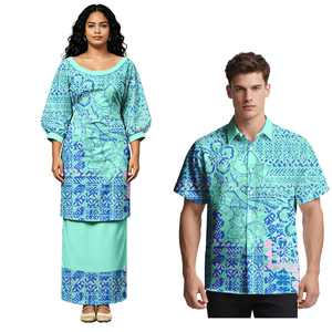 Tenues de couple assorties : Chemises polynésiennes à poches pour hommes et Robes Puletasi à manches mi-longues pour femmes, imprimé hibiscus hawaïen, motif Tapa Samoan - Product Image 3