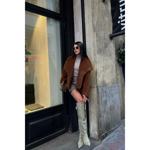 Abrigo Corto de Lana Color Tabaco, Cálido y Casual para Otoño, Manga Larga, Ropa Exterior para Mujer - Product Image 3