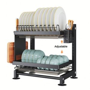 Égouttoir à vaisselle de cuisine à 2 niveaux en acier inoxydable avec porte-ustensiles pour plan de travail - Product Image 1