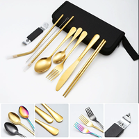 Ensemble de couverts portables écologiques et durables en acier inoxydable avec sac de rangement, couteau, fourchette, cuillère, baguettes, paille pour pique-nique en plein air