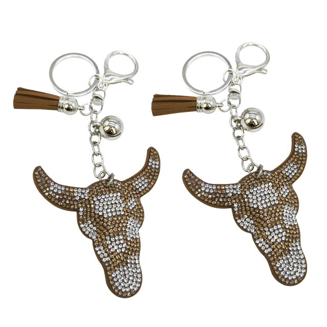 Cartoon Rhinestone Tassel Western Cowboy Bull Keychain Floating Bling Pendant Glittering Sparkly Crystal Diamond Design Cute Bag