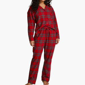 Conjunto de Pijamas de Algodón para Hombre y Mujer, Estilo Informal, a Cuadros Rojos, Holgado, Talla Grande, Mangas Largas, Ropa de Dormir para Parejas - Product Image 1