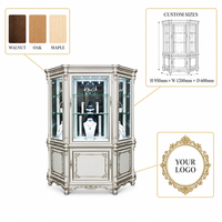 Vitrine à bijoux de style baroque français, vitrine hexagonale en verre avec éclairage LED intégré, cadre en or blanc ivoire