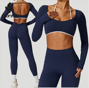 HONFIT Custom Halter <span class=keywords><strong>Sports</strong></span> Bra Manga Longa Colheita Top Correndo Leggings Quick Dry Seamless Fitness Roupas 2 Peça Set para As Mulheres - Product Image 1
