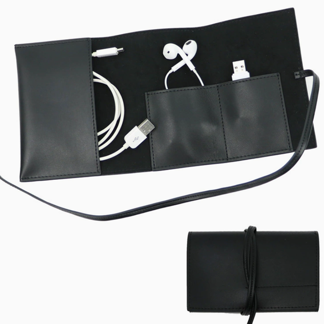 Stylish PU Leather Cable Organizer Slim Earphone USB Roll Pouch Anti-lost Cable Earphone Pouch