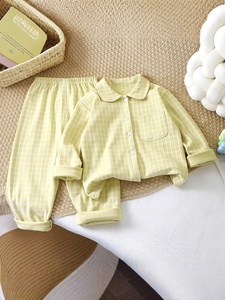 Ensemble de pyjamas pour enfants style coréen, cardigan à carreaux simple pour garçons et filles, vêtements d'intérieur à revers, deux pièces, chaud, en polyester - Product Image 1