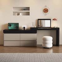 Coiffeuse grise moderne de style européen avec miroir relevable éclairé, grands tiroirs de rangement, ensemble de maquillage pour chambre et salle de bain