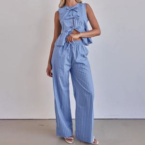 Nouvel Arrivage Ensemble en Lin de Haute Qualité : Crop Top Décontracté Sans Manches et Pantalon Large en Lin Rayé Taille Basse Extensible OOTD - Product Image 2