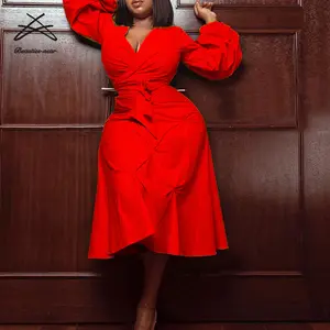 African Style Women Fashion Fall Long Sleeve Plus Size V Neck Loose Ladies Red Maxi Elegant Casual Dress