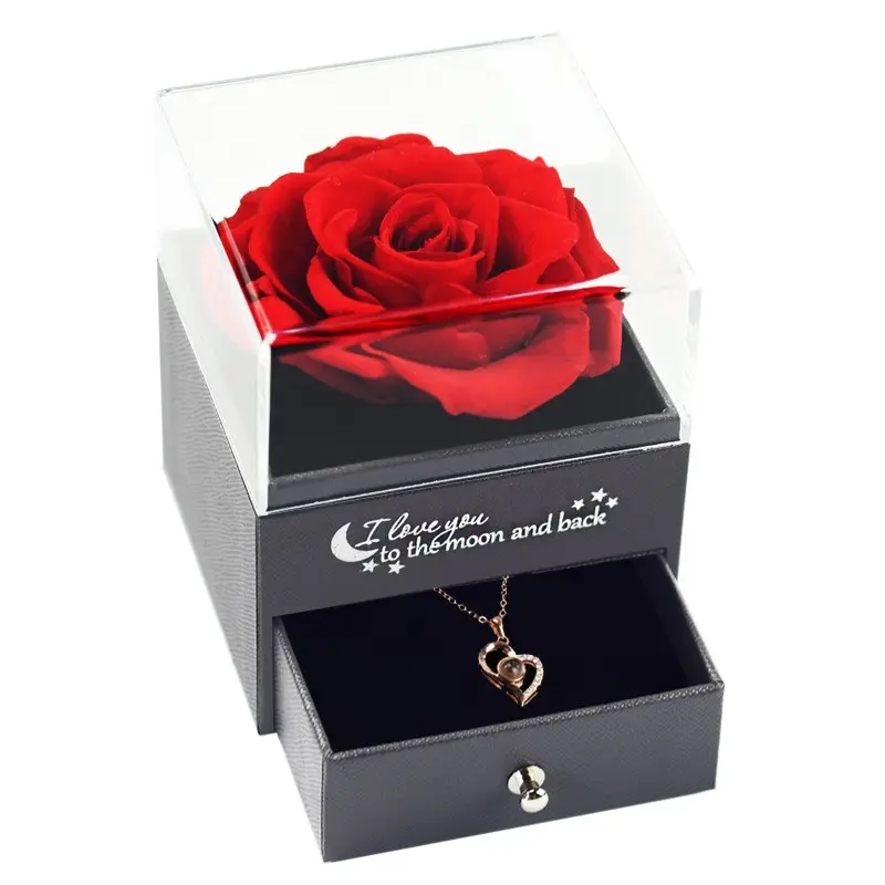 XR Real Touch Preserv Flowers Acrylic Jewelry Box with I Love U Necklace Single Piece Eternal Rose Valentine's Gift for Lover
