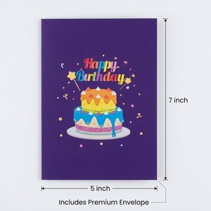 Carte de vœux d'anniversaire 3D pop-up au design original ZS-PC0077, 5x7 pouces, couverture violette avec gâteau coloré pour les détaillants en ligne - Product Image 2