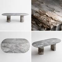 Table à manger ovale moderne de luxe en marbre gris naturel à finition brillante avec pieds en colonne cannelée, personnalisable pour usage hôtelier