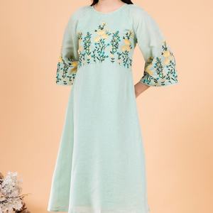 Vestido de Lino y Algodón Bordado Personalizado, Elegante, Cuello Redondo, Casual, Corte en A, Mangas Abullonadas, Midi, Vestido de Verano para Mujer - Product Image 2