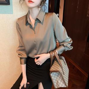 Chemise blanche en satin avec boutons pour femmes Tops Lady High Quality Long Sleeve Office V Neck Satin Blouse Vintage Turn-down Collar Blouse - Product Image 3