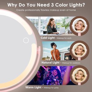 Espejo Cosmético Redondo Rosa con Rotación de 360 Grados, Recargable e Iluminado, con Soporte Magnético para Pestañas - Product Image 3