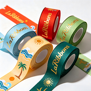 Ruban gros-grain avec logo estampé à chaud, motif plage, soleil et cocotier, pour boîte cadeau de vacances et décoration florale - Product Image 6