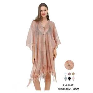 Angelina - Pareo tipo chal con botones, 92x165cm, con flecos, para playa, maxi, holgado, cuello en V, manga murciélago, transpirable, tejido liso - Product Image 1