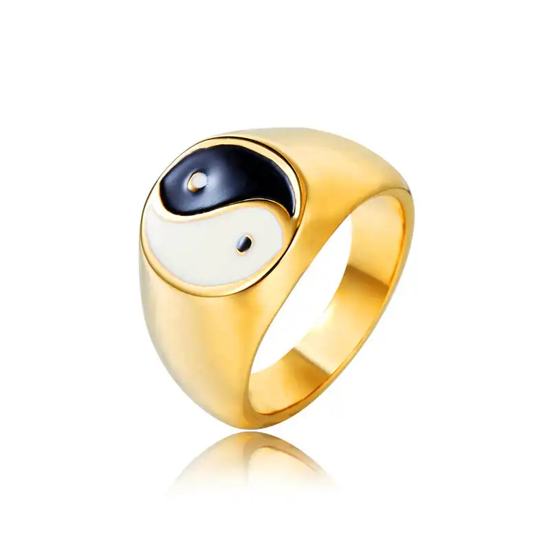 แหวน Signet ฮิปฮอปพังก์สไตล์วินเทจ,แหวน Signet สัญลักษณ์ Ying Yang สเตนเลสสตีลเคลือบทอง18K