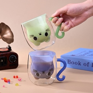 Niedliche Orange-Weiß-Grün-Blaue Farbige Kaffeetassen Cartoon-Katze Doppelwandige Milch-Wasser Borosilikatglas Trinkbecher Mit Henkel - Product Image 3