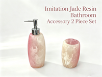 Ensemble d'accessoires de salle de bain en polyrésine à motif marbre onyx rose dégradé, comprenant un distributeur de savon liquide, un porte-brosse à dents et un gobelet, pour la vanité et le bain