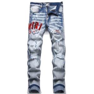 Men's High Street <b>Jeans</b> Trendy Brand Embroidery, Piercing, Patching, Elastic Straight Tube, Slim Fit Long Pants - Product Image 3