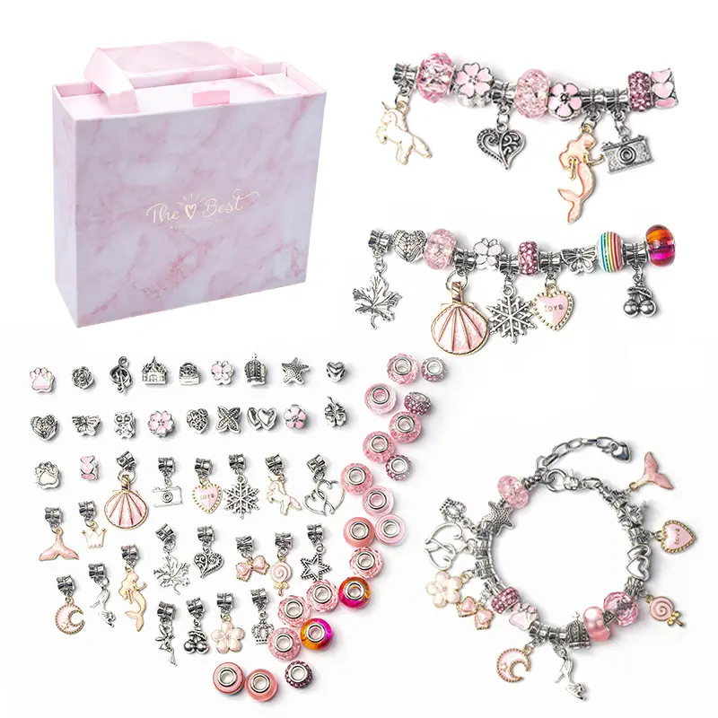 Amazon Hot Selling Diy Bracelet Sets Fashion Pink Color Cartoon Big Hole Beads Shell Charms Diy Bracelets For Children Girls