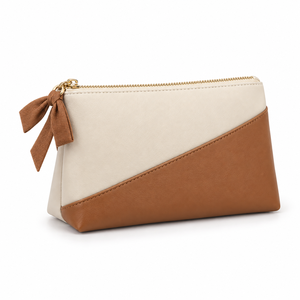 Vegan PU Portable Cosmetic <b>Bag</b> <b>Small</b> Envelope Colour Block Bow Charm <b>Cream</b> Caramel Zipper Custom Logo Gift - Product Image 1