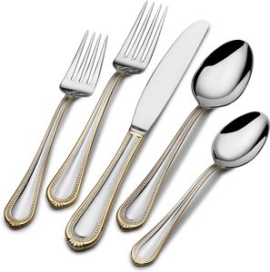 Acero inoxidable 304 Relieve Cuenta estampada <span class=keywords><strong>Nuevo</strong></span> diseño Cubiertos Plata con placa de oro Juego de cubiertos 24 piezas - Product Image 1