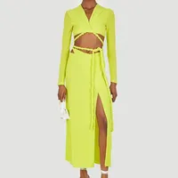 New Casual Spring Summer Fashion  Bandage Tie Up 2 Piece Set Clothing Solid Color Party Matching Set Women Two Piece Skirt Set
