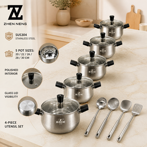 Casseroles en acier inoxydable Zhenneng pour cuisines familiales, assortiment <span class=keywords><strong>de</strong></span> 14 pièces SUS304 avec couvercles en verre trempé, compatibles <span class=keywords><strong>gaz</strong></span> et induction - Product Image 1