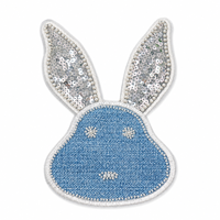 Adorable patch en jean bleu avec applique lapin, oreilles en perles et sequins, accent brodé à coudre pour vestes, sweats à capuche, sacs et projets DIY