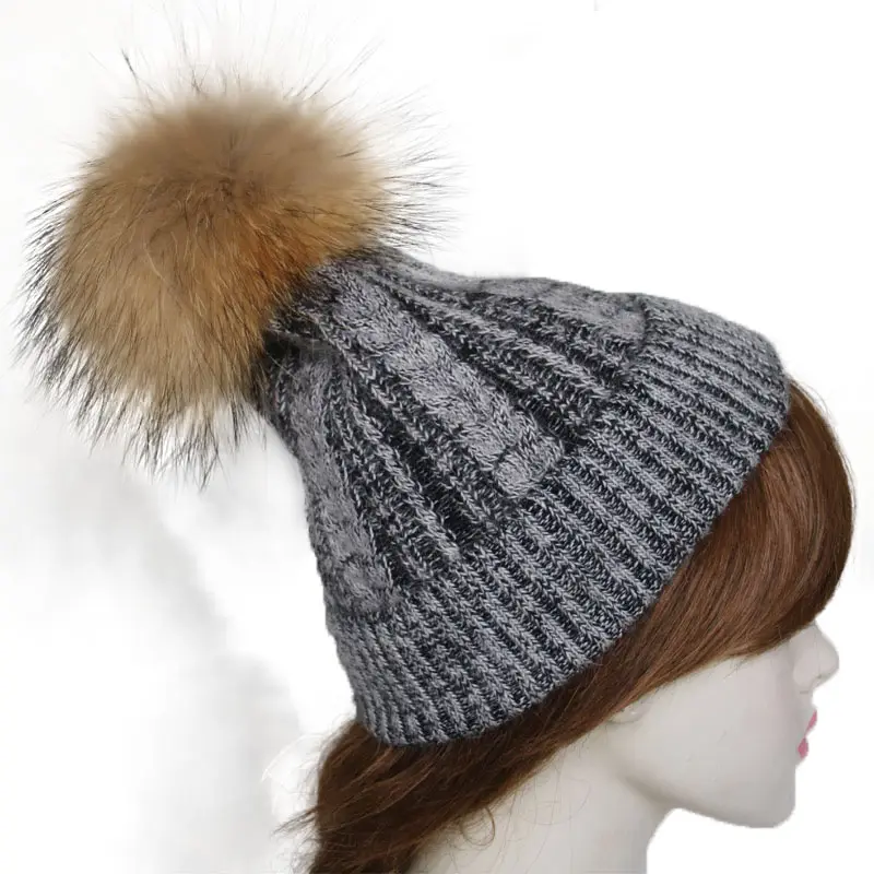 Cappelli lavorati a maglia in misto lana cappelli a berretto con pompon in pelliccia di procione grande uomo donna cappelli invernali