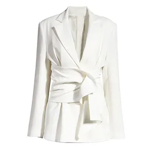 Women White Loose Fit Long Sleeve Notch Lapel Jacket Custom Logo Knotted Split Joint Irregular Blazer
