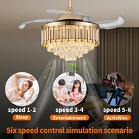 Ventilateur de plafond LED doré français de 42 pouces avec 4 pales, 6 vitesses, télécommande, cristal, intensité réglable pour usage domestique