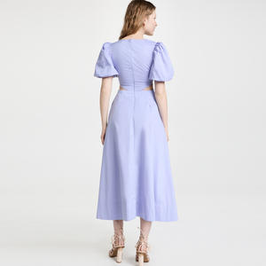 חדש אופנה נשים מקרית v צוואר אלסטי פאף קצר שרוול חלול החוצה תחרה עד כיס כותנה רקום שמלה - Product Image 5