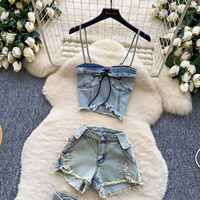 Ensemble denim vintage Y2K sans manches pour femme, été, à lacets, taille haute, ourlet effiloché, trois pièces
