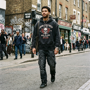 Mens Washed Black Distressed Hoodie <strong>London</strong> Streetwear Skull Rose Print Custom OEM Punk <strong>Sweatshirt</strong> - Product Image 2