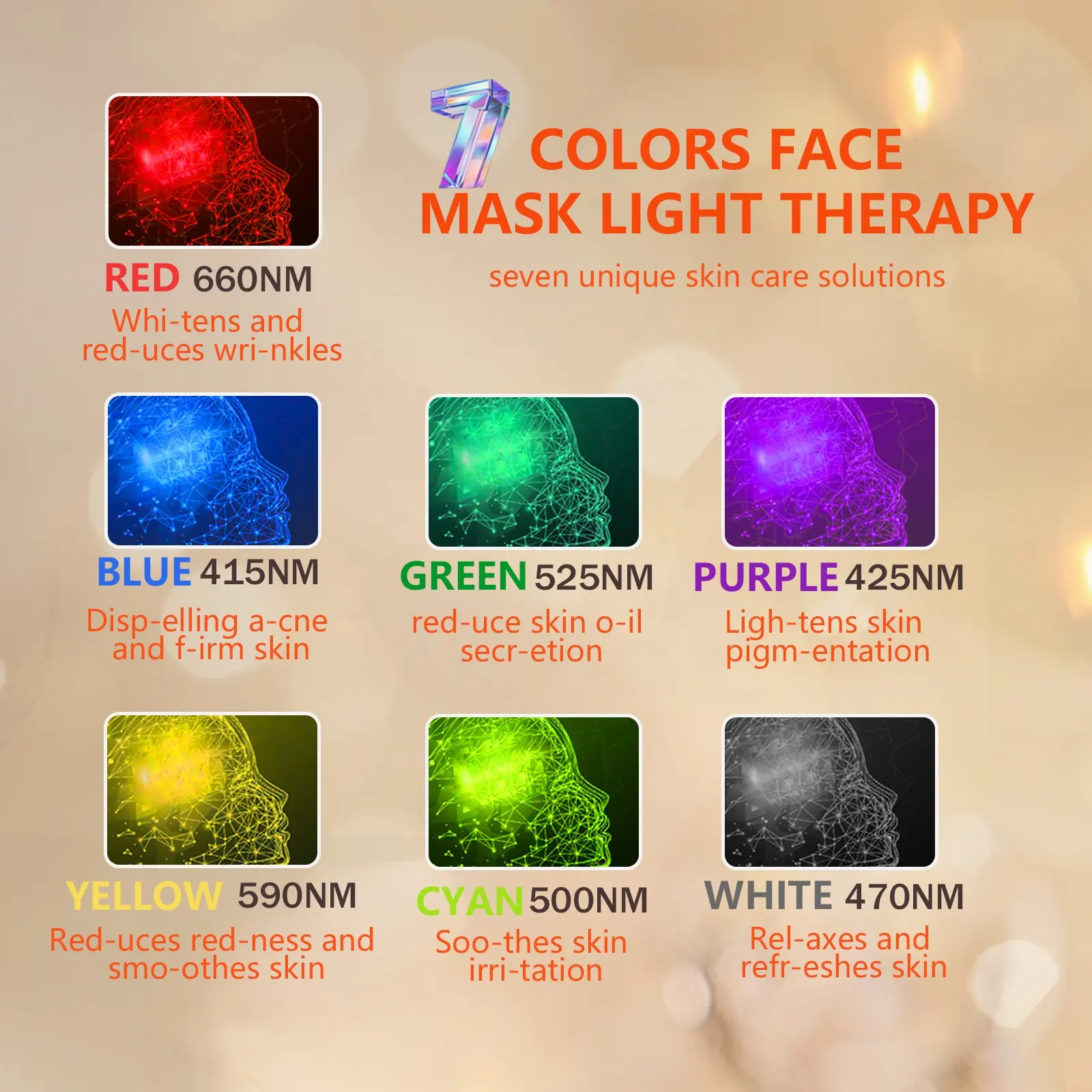 Masque facial à lumière LED, masque de luminothérapie à 7 couleurs pour les soins de la peau du visage, masque de beauté à LED coloré