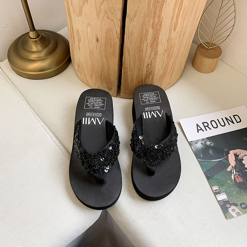 Summer Sequined Flip-flops Women Wedges Platform Slippers Beach Shoes Slipper Girls