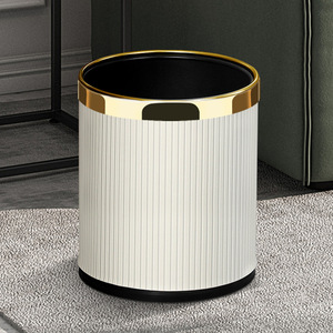 Cylindrical Waste Bin Wood Grain Metal Rim Indoor Living Room Bedroom Kitchen Bathroom Trash Can <b>Light</b> Luxury Style - Product Image 2